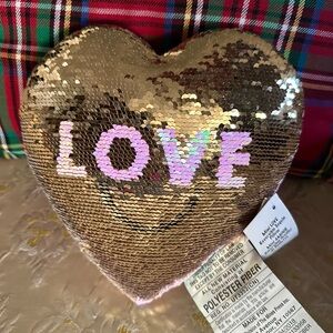 Gold and Pink Sequin Heart Pillow with 'LOVE' and a “Smile Face”